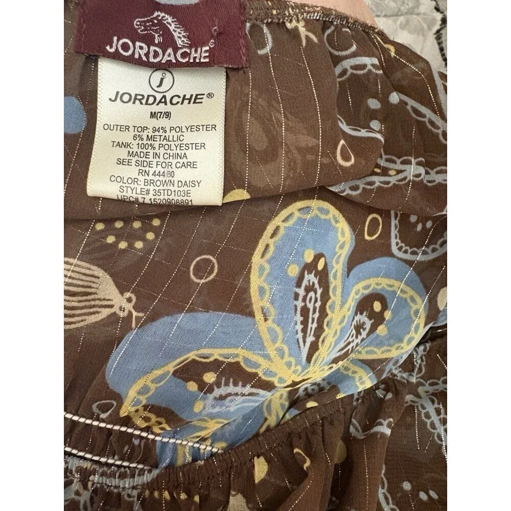 Jordache M Jrs Sheer Brown Floral Shirred Waist 3/4 Sleeve On/Off Shoulder Top - Picture 6 of 6